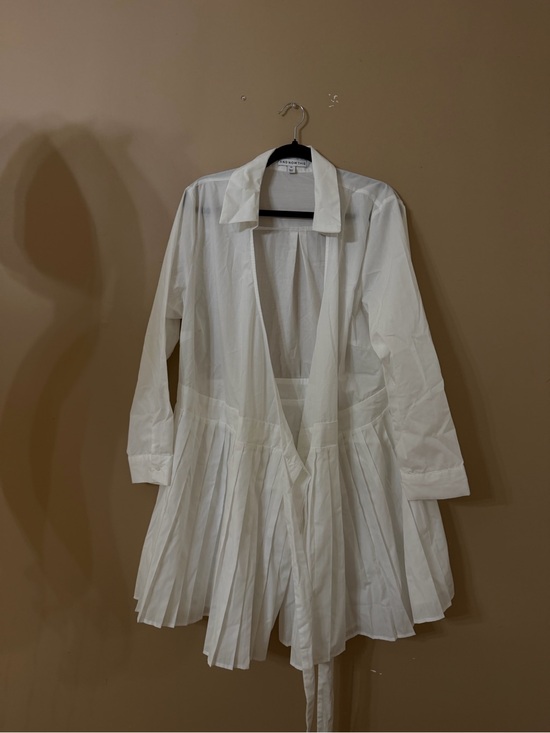 And Now This Dresses & Skirts - Unbranded White Pleated Midi Shirt Dress with Long Sleeves